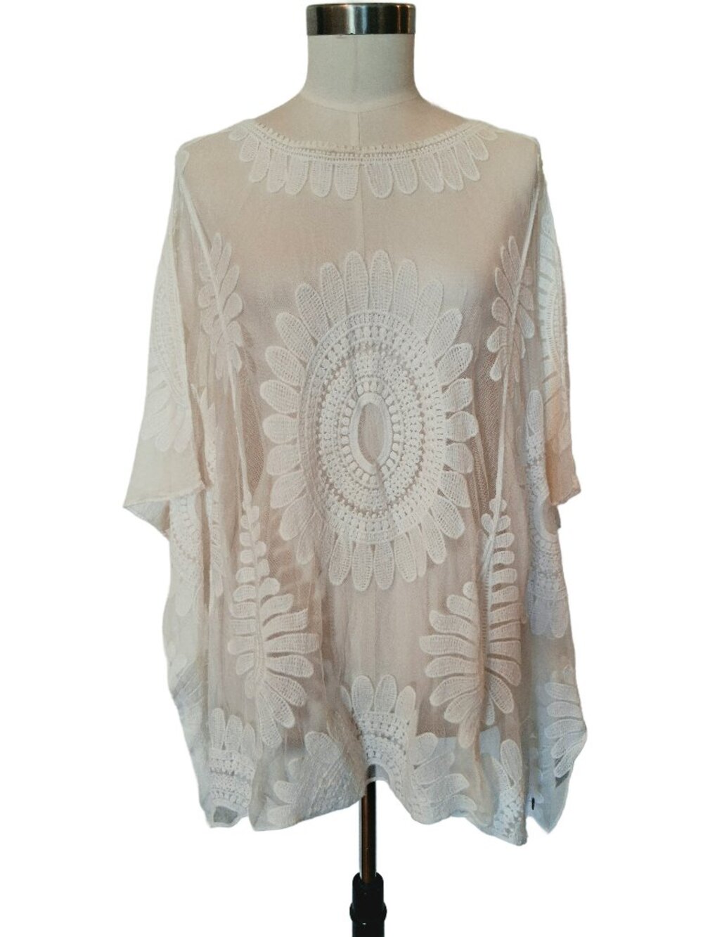 White Boho Sheer Embroidered Nikita Kaftan Top or Swim Coverup by Cream One Size